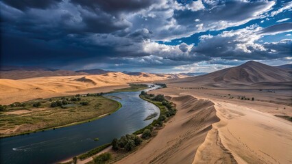 Stunning Arid Desert Landscape with Dunes and Serene River Under Dark Blue Sky - Nature, Scenery, Adventure, Exploration, Travel Photography
