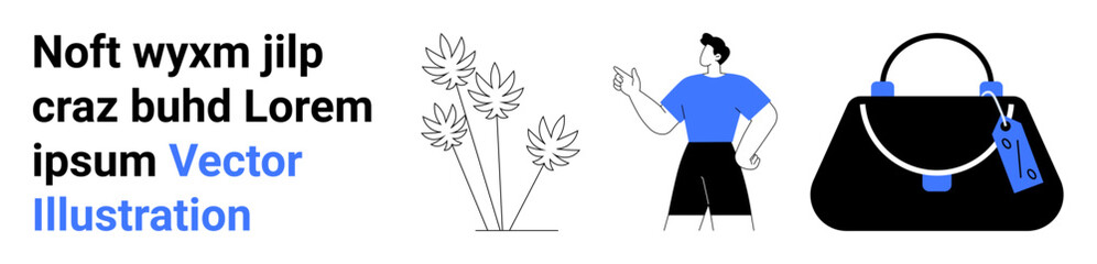 Man gesturing confidently next to stylish handbag with decorative flowers. Ideal for fashion, shopping, lifestyle, trends, confidence, elegance, personal branding, flat landing page banner