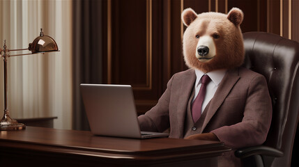 A bear in a suit sitting at a desk with a computer, giving an impression of professionalism in a humorous and anthropomorphic scenario.