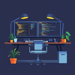 A modern workspace featuring dual monitors, plants, and stylish decor for productivity.