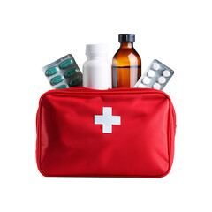 Red first aid kit with medicine on transparent background