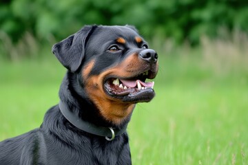 Fototapeta premium A Rottweiler dog with a black collar sits in a grassy field, its mouth slightly open, gazing into the distance.