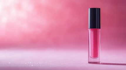 Elegant lip gloss bottle with shimmering pink hues, arranged on a luxury aesthetic background. No text, no people.