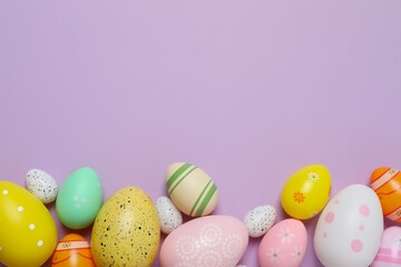 Happy Easter. Colorful eggs on color background, space for text or advertising