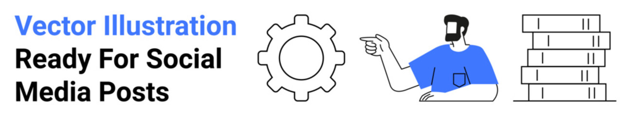 Man pointing at gear symbol near stacked books, representing teamwork, productivity, growth, education, strategy, mechanics, planning. Ideal for business training websites flat landing page banner