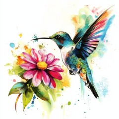 Hummingbird and Flower: A vibrant watercolor painting capturing the delicate dance between a hummingbird and a colorful flower, a testament to nature's artistry.