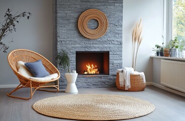 Cozy Modern Living Room with Woven Furniture and Fireplace