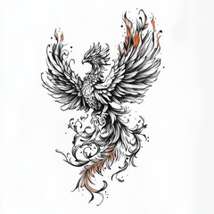Phoenix Rising: A majestic phoenix, rendered in intricate illustration, with its wings outstretched in a dynamic pose, showcasing detailed feathers and flames, a symbol of rebirth and transformation.
