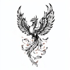Obraz premium Phoenix Illustration: A majestic phoenix rises from ashes in a detailed illustration, its wings spread wide in a display of rebirth, transformation, and renewal. This artwork embodies strength.