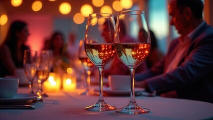 Romantic Evening Ambiance Two Wine Glasses Filled with Sparkling Wine, Candles, and Soft Lighting Reflecting in the Crystal