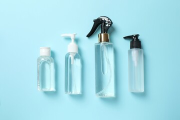 Natural cosmetic products a blue background, top view