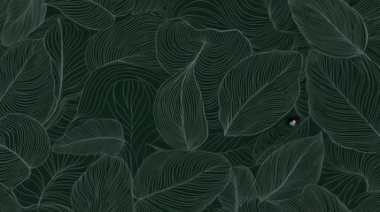 Illustration of plant drawing that shows leaves seamless pattern with dominant dark green background
