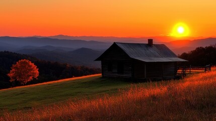Sunrise over mountain cabin, autumnal landscape