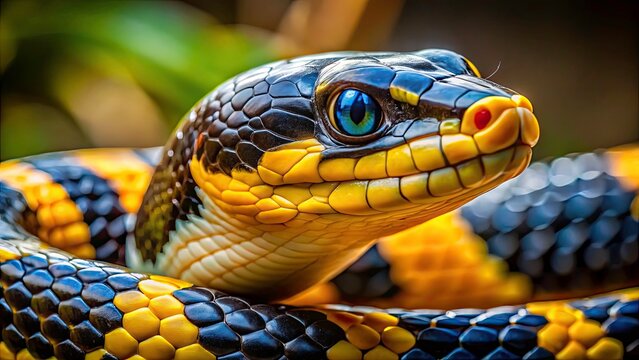 Venomous allure: a close-up reveals the Banded Krait's (Bungarus fasciatus) captivating yet deadly pattern.