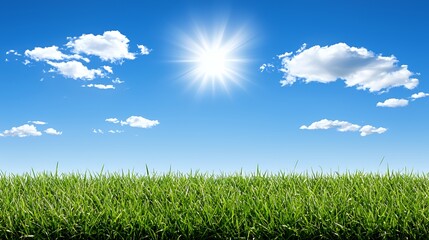 Obraz premium Bright Sunny Day Landscape with Lush Green Grass and Blue Sky