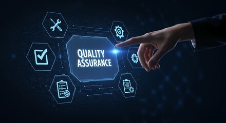 Quality Assurance Concept with Digital Interface and Hand Touching Screen.