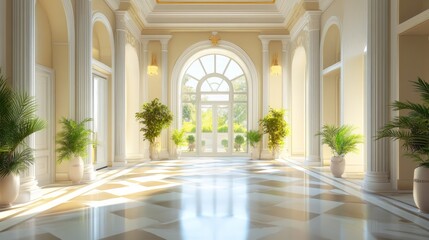 Elegant Hall Interior Bathed In Golden Light, Blending Architecture With Nature. A Serene, Luxury Design.