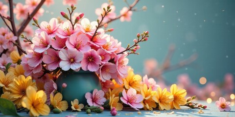 A Delicate Arrangement of Pink and Yellow Blossoms in a Teal Vase, Adorned with Springtime's Gentle Glow