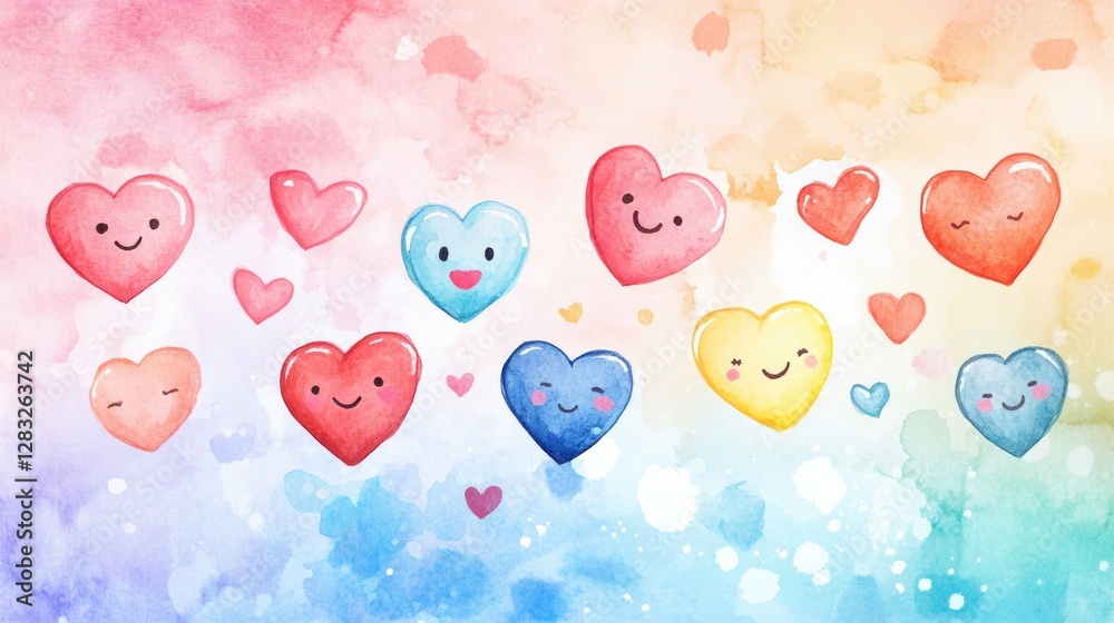 Poster colorful watercolor hearts with smiling faces in a cheerful arrangement on a soft pastel background.