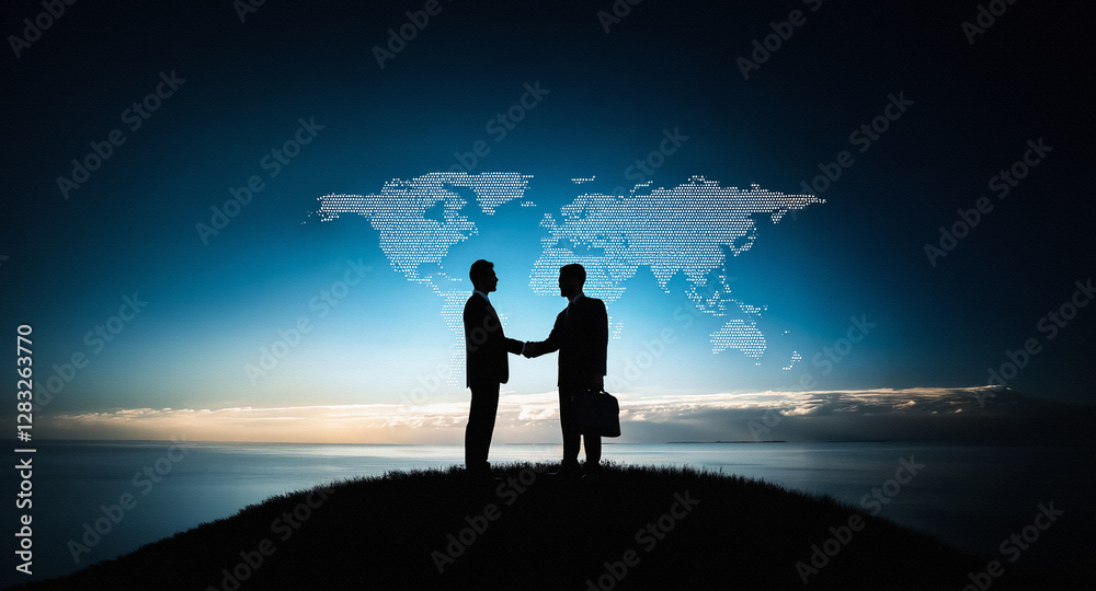 Poster silhouetted individuals shaking hands on a hill with a world map behind them. the scene suggests a g