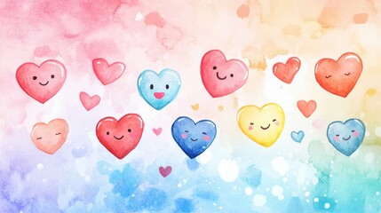 Colorful watercolor hearts with smiling faces in a cheerful arrangement on a soft pastel background. Generative AI