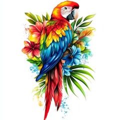 Fototapeta premium Vibrant Parrot with Flowers: A stunning, colorful parrot perches gracefully amidst a collection of exotic flowers, its feathers a riot of vivid hues.