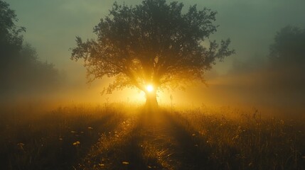 Naklejka premium Sunrise illuminating a solitary tree in a misty field.
