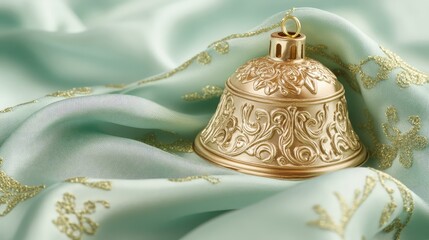 Gold bell ornament with intricate engravings, placed on a soft green holiday-themed fabric. No text, no people.