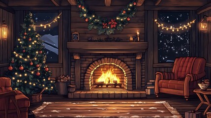Obraz premium Cozy Christmas Cabin Fireplace Scene Winter Night