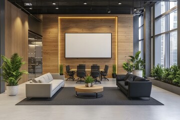 Modern Office Lounge Area with Conference Room View