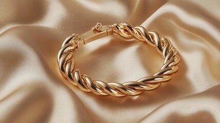 Fototapeta premium Gold cuff bracelet with a twisted rope design, beautifully displayed on a silky champagne fabric. No text, no people.