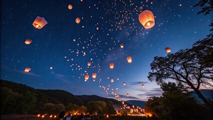 Naklejka premium Vibrant Lanterns Floating in Night Sky - Colorful Nightscape with Lanterns, Magical Atmosphere, Bright Colors, Serenity, Cultural Celebration, Peaceful