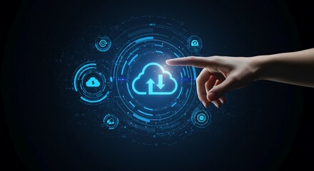Hand reaching for glowing blue cloud icon with arrows, digital cloud technology.