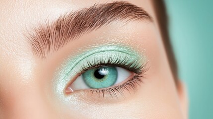 Obraz premium Close-up of a person's eye. the eye is a beautiful shade of blue with a hint of green. the eyeliner is a light green color and is applied in a way that creates a dramatic look.