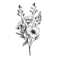 Obraz premium Floral Elegance: A delicate bouquet of wildflowers and blossoms, rendered in intricate black and white line art, conveys natural beauty, grace, and artistic expression.