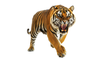 Tiger walking with powerful stride and fierce gaze