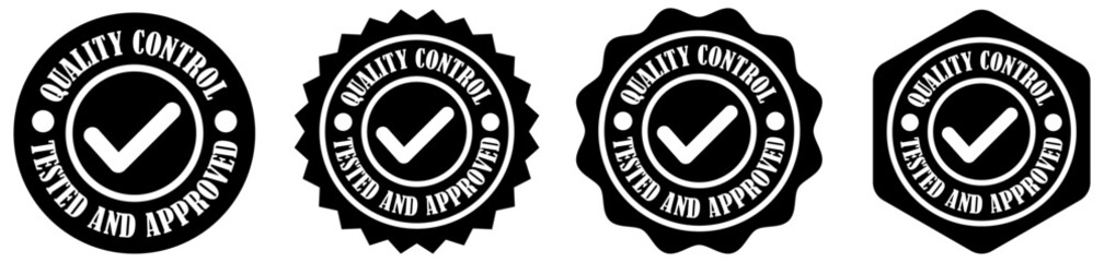 Quality control rubber stamp collection set on white background. Official approval badge with tick mark. Certified stamp for quality assurance. Round quality approved seal design. Vector illustration 