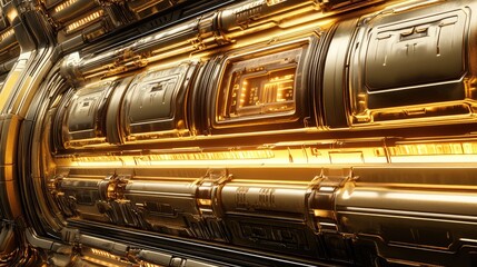 Naklejka premium Gold frame with glowing neon highlights, set against a dark futuristic backdrop. No text, no people.