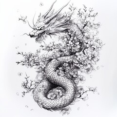 Obraz premium Mystical Dragon: An artistic depiction of a majestic dragon entwined with blossoming flowers, a symbol of power and grace.