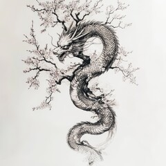 Obraz premium Dragon and Cherry Blossoms Illustration: A majestic dragon entwined with delicate cherry blossoms, rendered in intricate detail, creating a captivating piece of art. 