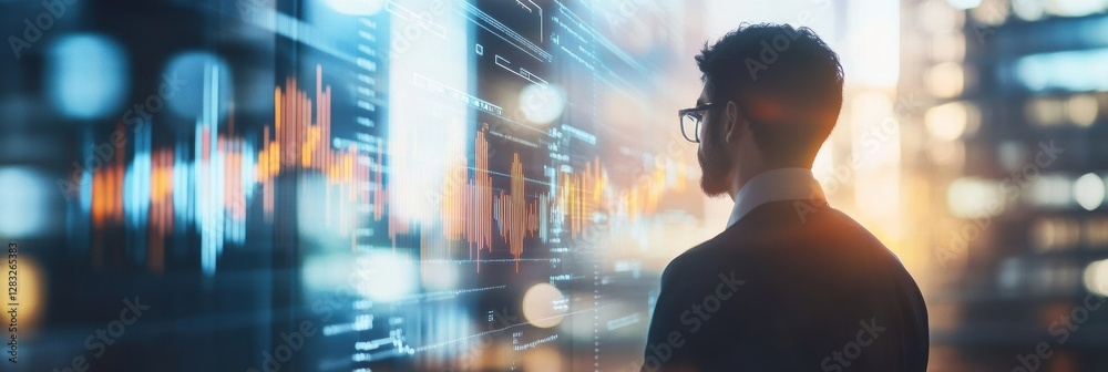 Poster professional assessing data analytics on a digital screen in a modern office during sunset. generati