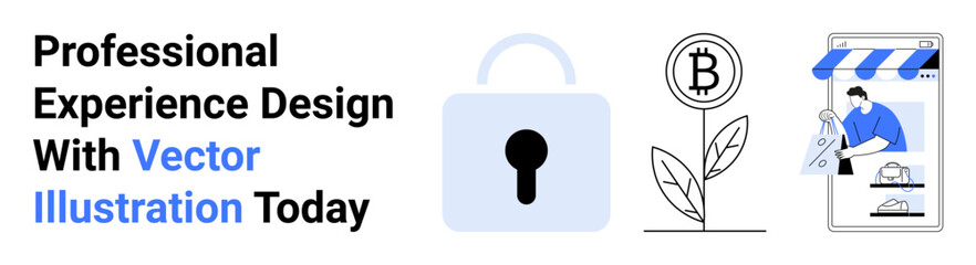 Lock icon for data security, Bitcoin with plant for cryptocurrency growth, and e-commerce with mobile shopping. Ideal for finance, tech, innovation, economy, e-commerce, secure platforms flat