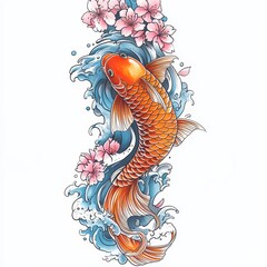 Koi Fish and Cherry Blossom: A stunning illustration of a vibrant koi fish gracefully swimming amidst flowing water and delicate cherry blossoms, symbolizing perseverance and good fortune. 