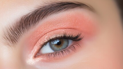 Obraz premium Close-up of a person's eye. the eye is blue and the eyelashes are long and full. the person has a pinkish-orange eyeshadow on their eyelid, which is applied in a circular pattern.