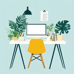 A stylish home office setup with a computer, plants, and a modern chair.
