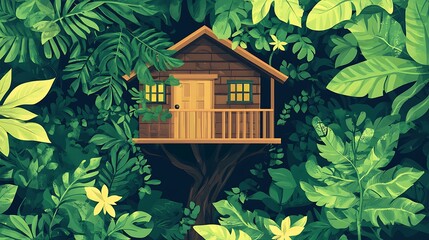 Naklejka premium A Wooden Treehouse Nestled Amongst Lush Tropical Foliage