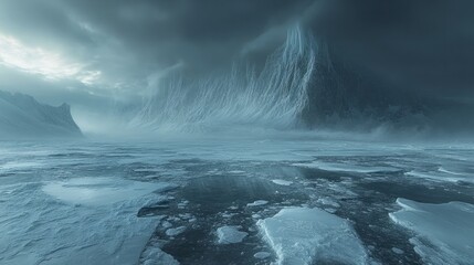 Dramatic polar landscape with fractured ice sheets, cold Arctic water under soft light 