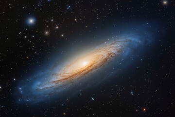 Obraz premium Andromeda Galaxy: Witness the breathtaking beauty of the Andromeda Galaxy, a spiral galaxy of cosmic dust and celestial wonders, as it shines with vibrant hues amidst the backdrop of the vast cosmos.