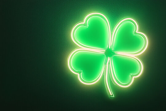 Lucky Charm: A vibrant green neon four-leaf clover illuminates against a dark backdrop. This image embodies the essence of good fortune and the joy of serendipitous discoveries.