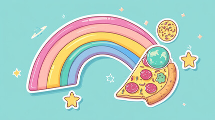 Fototapeta premium Layouts of social media post with psychedelic stickers with cute sun, rainbow, planet, disco ball, eye and pizza. Abstract posters templates with transparent background, vector illustration